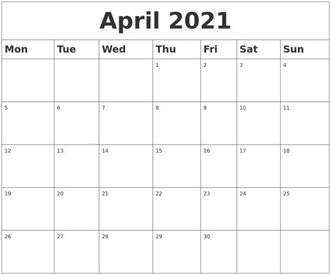 April 2021 Blank Calendar