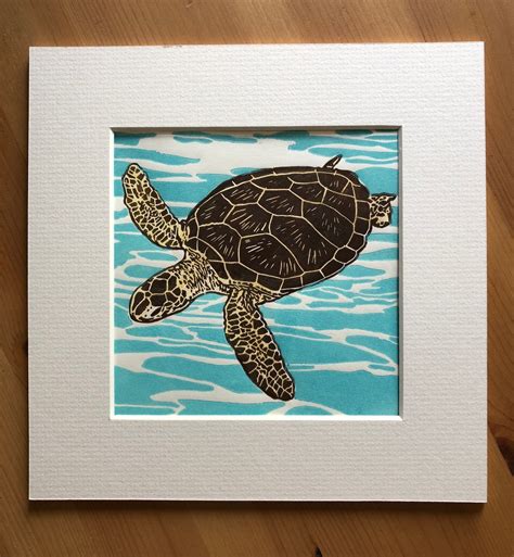 Green Sea Turtle Colour Linocut Print In Mount Etsy