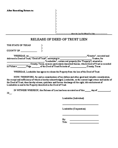 Release Of Deed Of Trust Lien Texas Edit Fill Sign