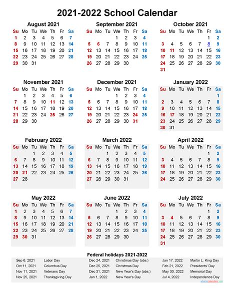 2021 And 2022 School Calendar Printable Portrait Template No
