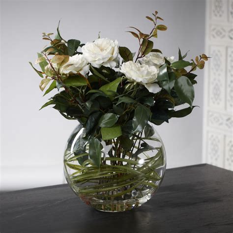 These beautiful flowers are british grown and popular at weddings, the peony is renowned for its elegance. Peony Sophia Roses & Salal Leaves Faux Flowers in a Bowl ...