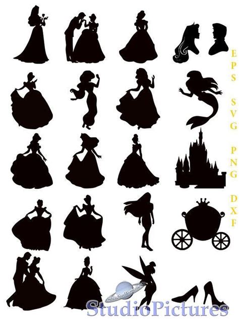 The Silhouettes Of Disney Princesses And Their Dresses Are Shown In