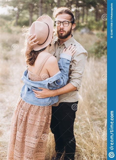 Boyfriend And Girlfriend Hug Each Other In Nature Stock Photo Image