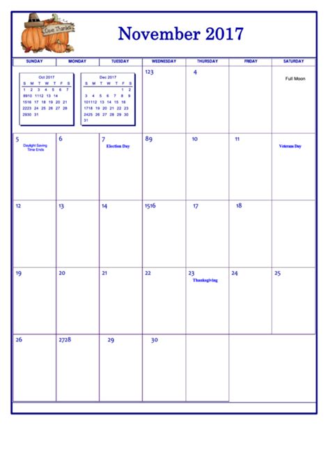 Holiday November 2017 Calendar Template Printable Pdf Download