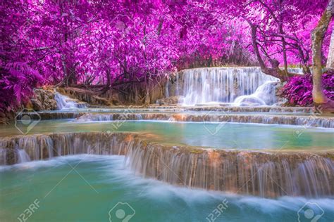 Waterfall In Rain Forest Tat Kuang Si Waterfalls At Luang Prabang