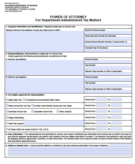 A power of attorney (poa) form is a legal document that allows an individual (the principal) to appoint someone they trust (an agent) to manage their affairs if they are unable to do so. Free Colorado Tax Power of Attorney Form - DR 0145