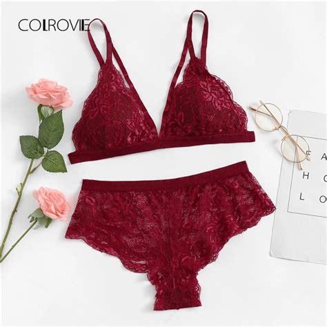 buy colrovie burgundy solid sexy floral lace lingerie set 2019 new women bra