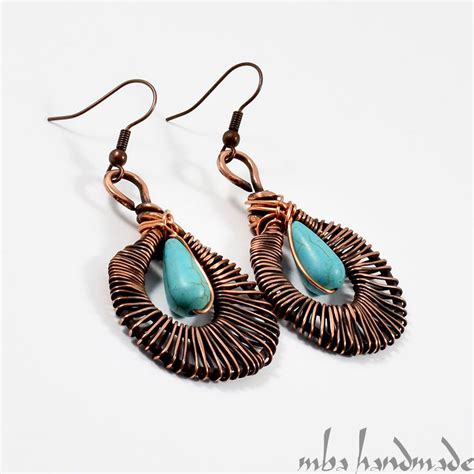 Turquoise Drop Dangle Earrings Antiqued Copper Wire Wrapped Natural