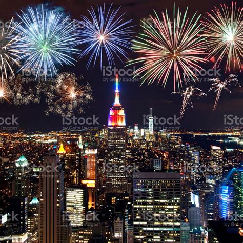 Fireworks Over New York City Skyscrapers Stock Photo Download Image