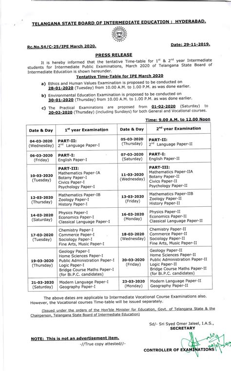 Ts Intermediate Time Table 2020 Telangana Inter 1st 2nd Year Exam Time
