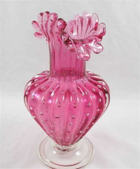 Murano Sommerso Style Glass Vase Pink Murano Controlled Bubble Scalloped Ruffled Vase Art