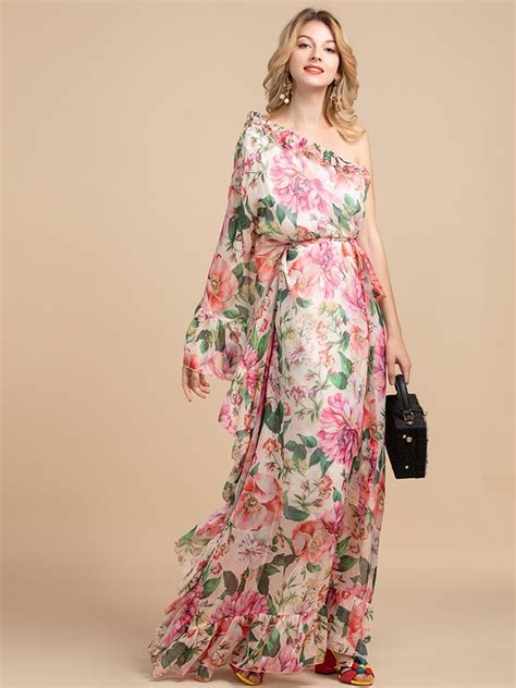 Summer Holiday Party Boho Maxi Dress Womens Off Shoulder Chiffon Floral Print Ruffles Loose