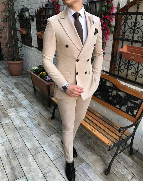 New Beige Mens Suit 2 Pieces Double Breasted Designer Suits For Men