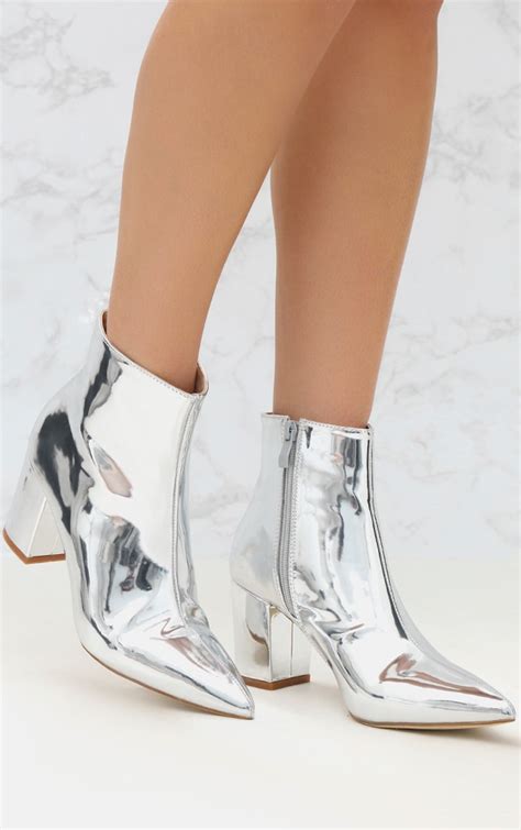 Silver High Shine Metallic Block Heel Ankle Boot Prettylittlething Uae