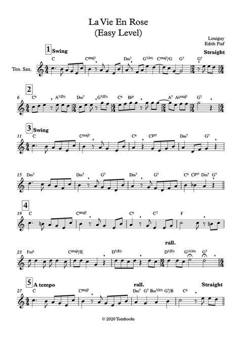 La Vie En Rose Easy Level Tenor Sax Edith Piaf Spartito Per