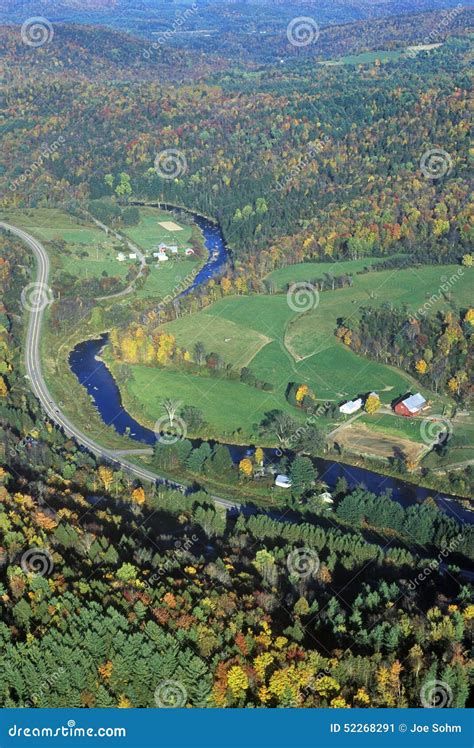 Aerial View Of Farm Near Stowe Vt In Autumn On Scenic Route 100 Stock