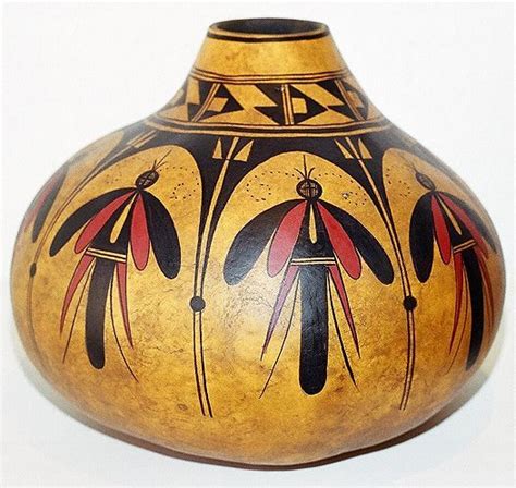 Robert Rivera Art Hopi Traditional Moth Design Gourd Pot By Robert