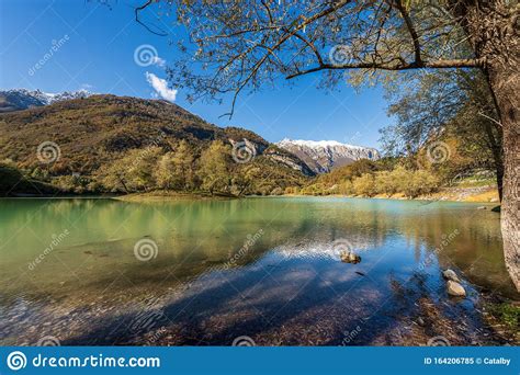 Lago Di Tenno Small Lake With Island In Italian Alps Trentino Italy
