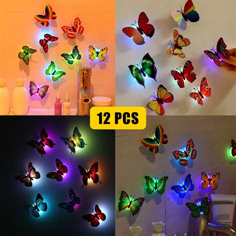 Put the whole world on any wall! 12-pack 3D Butterfly Wall Stickers LED Light Removable Butterfly Wall Decals Colorful ...