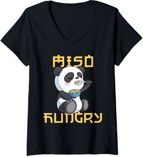 Womens Cute Japanese Panda Bear Miso Hungry V Neck T Shirt