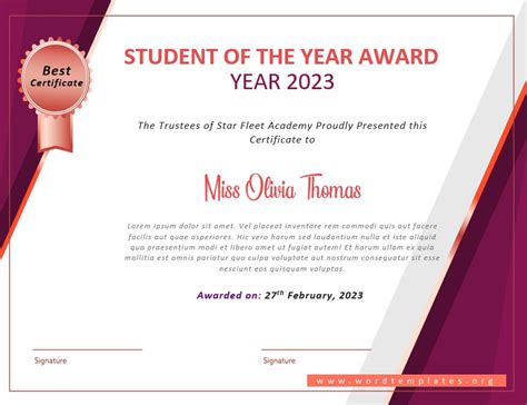 Student Of The Year Certificate Template Word Templates For Free Download