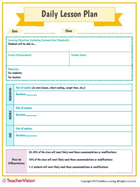Free Printable Daily Lesson Plan Template Teachervision