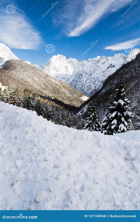 Scenic Snowy Alpine Landscape View In Julian Alps Slovenia Stock Photo