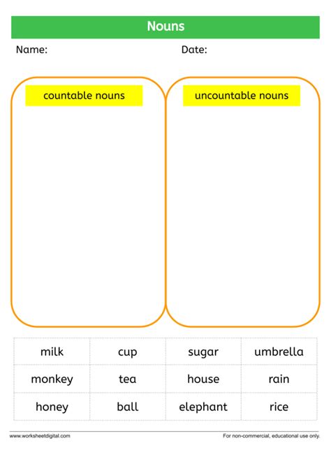 Nouns Countable And Uncountable Worksheet Digital