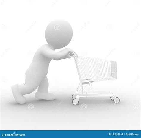 3d Illustration Of A Cartoon Pushing Shopping Cart Stock Illustration