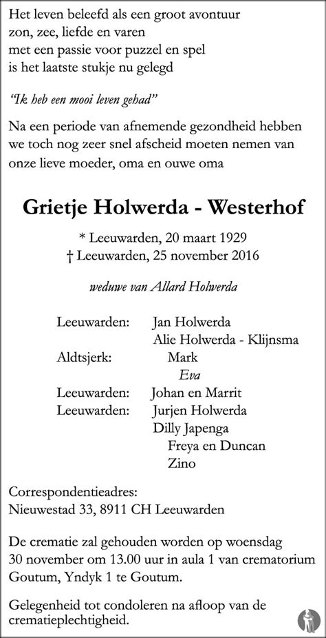 Grietje Holwerda Westerhof 25 11 2016 Overlijdensbericht En