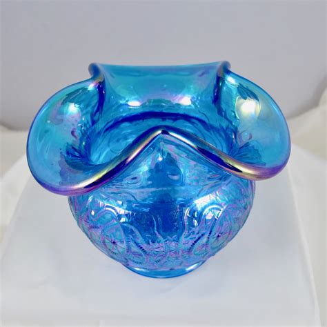 Fenton Sapphire Blue Persian Medallion Carnival Glass Tri Corner Rose Bowl Carnival Glass