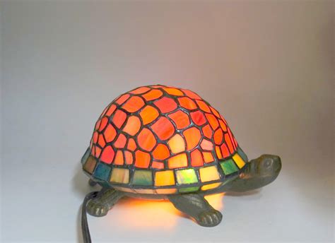 Vintage Tiffany Style Stained Glass Bronze Plated Turtle Lamp