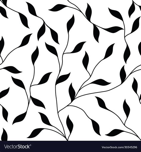 Black Leaves And Vines On White Seamless Pattern Vector Image