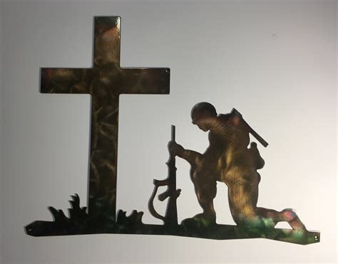 Soldier Kneeling Before Cross Metal Wall Art W Patina Finish
