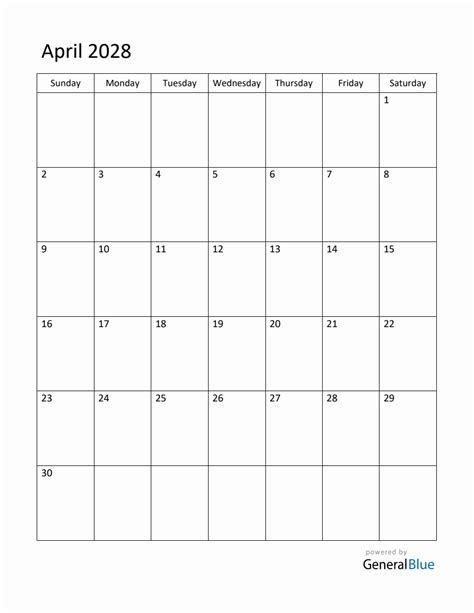 Editable April 2028 Monthly Calendar