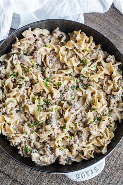 Start by browning the beef, onions, mushroom, and garlic. Ground Beef Stroganoff is a delicious little spin on a ...