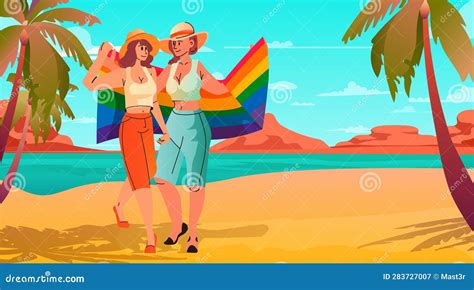 girls couple with lgbt rainbow flag standing together on tropical beach gay lesbian love parade