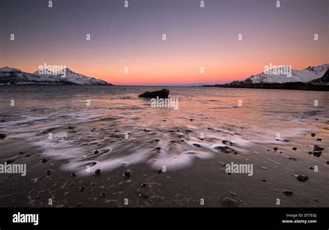 Arctic Twilight On The Beach At Grotfjord Near Tromso In Norway Stock