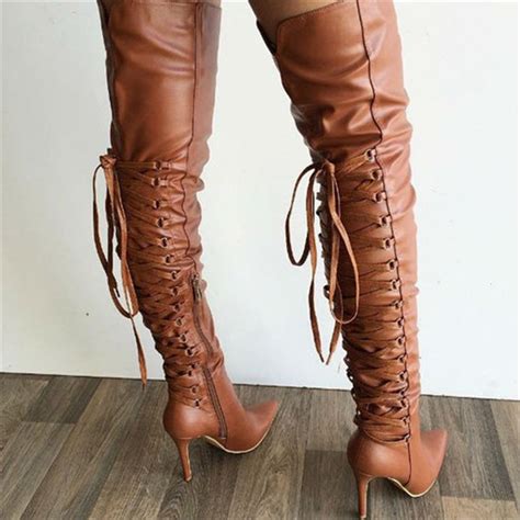 Soft Leather Thigh High Pointy Boots Sexy Thin High Heel Stiletto Lace Up Over The Knee Boots