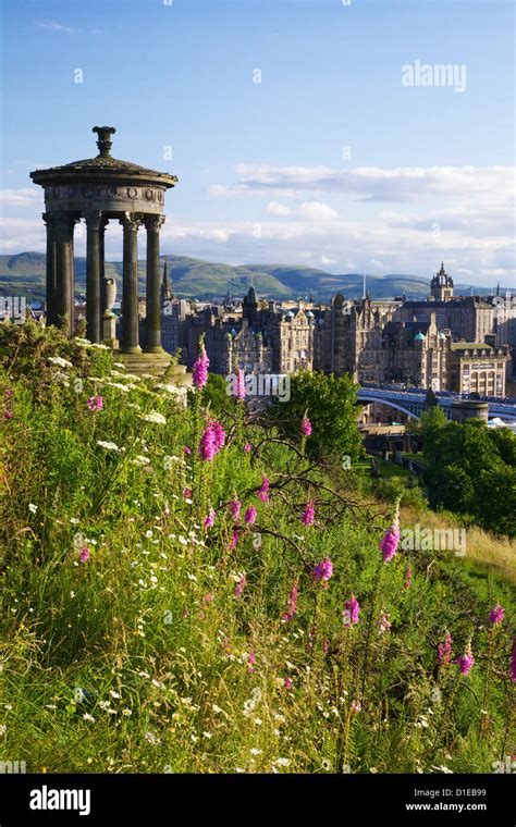 Dugald Stewart Monument And View Of Old Town From Calton Hill In Summer