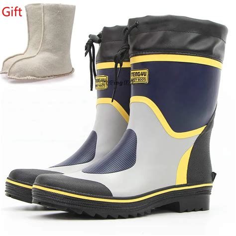 fashion men rubber rain boots warm wool mid calf winter boots men platform shoes slip on non
