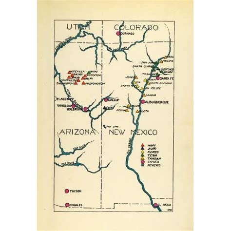 1941 Lithograph Southwest Pueblo Indian Tribe Map Zuni Hopi Keres Tewa
