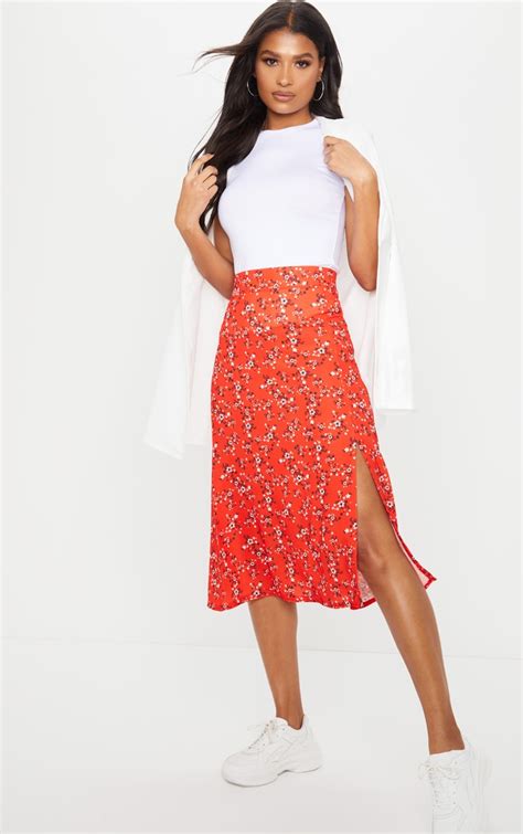Red Ditsy Floral Floaty Midi Skirt Skirts Prettylittlething Usa