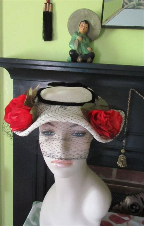 vintage hat mid century 1950 s red roses straw hat black etsy hats vintage vintage outfits