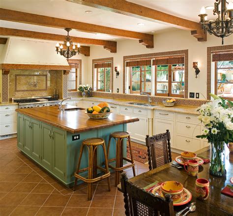 Spanish Style Kitchen Remodel Large Island And Wood Beams Farmhouse