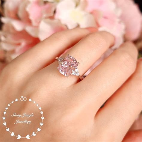 Pink Diamond Ring 3 Stone Style Engagement Ring 3 Carats Cushion Cut