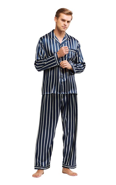 Mens Silk Satin Pajama Set Long Sleeve Navy And Beige Striped Tony