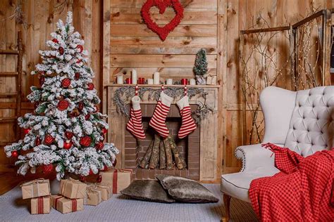 Christmas Socks Hang On Fireplace Christmas In Wood Room Backdrop For