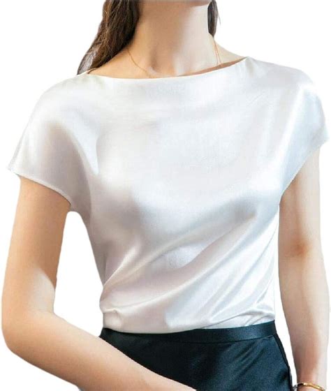Womens Silk Blouse Short Sleeve Summer Comfy Solid Silk Tops White M