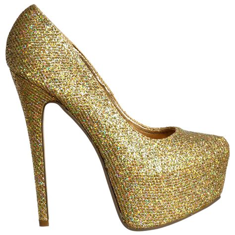 Shoekandi Sparkly Gold Glitter Shimmer High Heel Stiletto Concealed